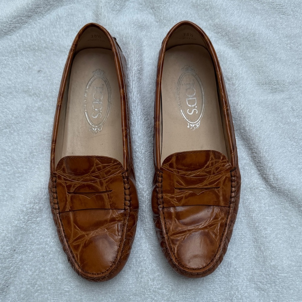 Tod's Cognac Croc-Embossed Leather Penny Loafers